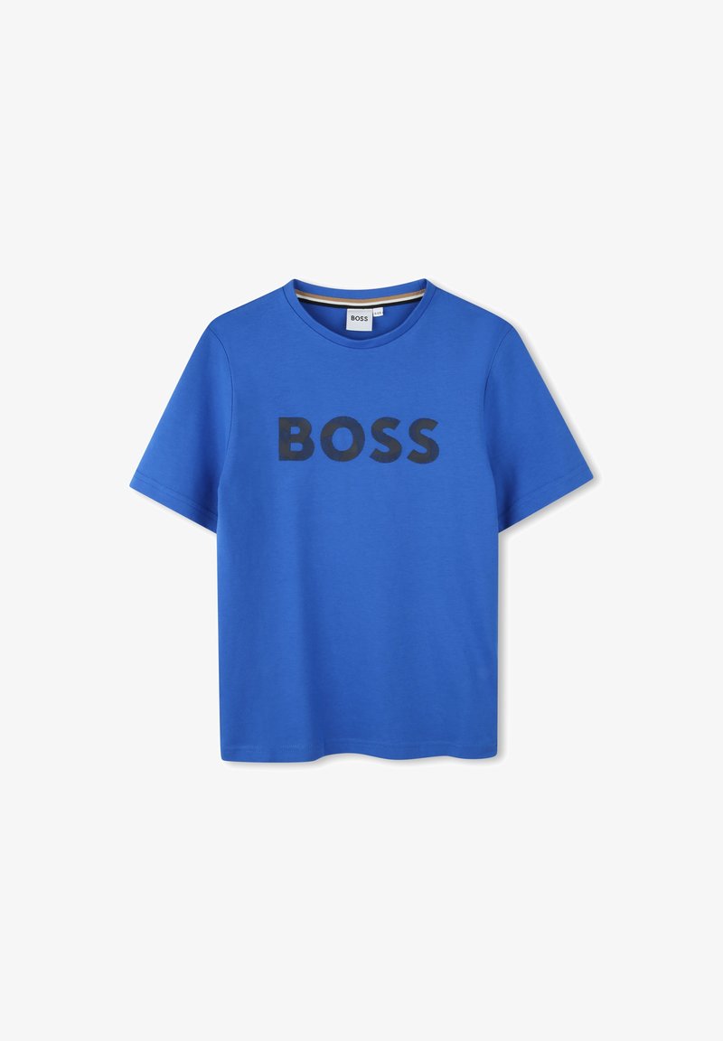 T-shirt en coton bleu à manches courtes, encolure ronde et texte imprimé noir "BOSS" sur le devant. Texture lisse, design décontracté.