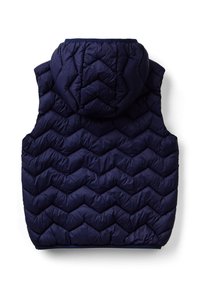 Námořnická modrá zateplená vesta s vzorem v chevronu, která má kapuci a prošívaný design. Hladký materiál s předním zapínáním na zip.