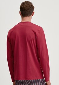Langarmige rode t-shirt van soepele katoenstof, met een ronde hals en een ontspannen pasvorm. De achterkant is eenvoudig, met minimale stikdetails.