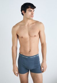 Blue cotton boxer briefs with a snug fit and an elastic waistband featuring the Calvin Klein logo in grey. Model stands facing slightly to the right.