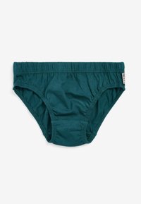 Culotte en coton turquoise avec une taille élastique, dotée de bords froncés et d'une étiquette sur le côté. Texture lisse, design classique de culotte.