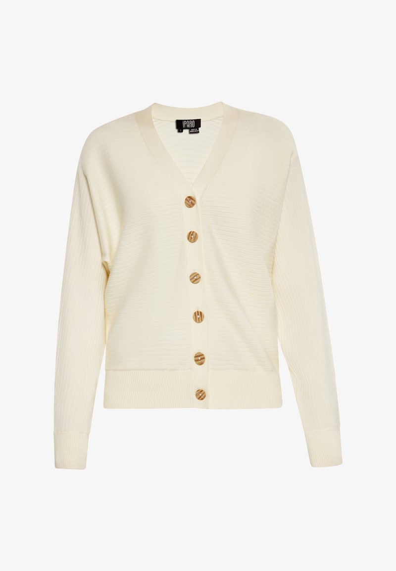 Crème-kleurige gebreide cardigan met een V-hals, zeven houten knopen aan de voorkant en geribbelde manchetten en zoom. Geweven structuur.