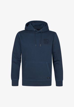 Námornícky modrá mikina vyrobená z kombinácie bavlny, s predným vreckom, kapucňou so šnúrkou a tlačeným logom na hrudi.