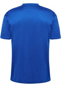 Blå atletisk kortärmad tröja gjord av glatt, lättviktigt tyg. Har en rund halsringning och minimal sömdetalj.