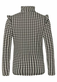 Maglia a maniche lunghe con motivo houndstooth bianco e nero, colletto alto e dettagli di ruffle sulle spalle. Tessuto liscio e stretch.