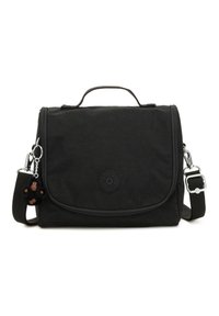 Borsa nera con chiusura a pattina, realizzata in tessuto, con un logo circolare, tracolla regolabile e un piccolo charm a forma di scimmia attaccato.