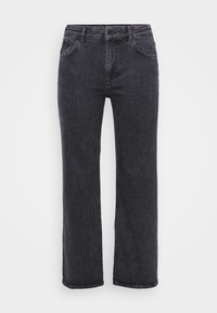 Black denim jeans with a straight-leg design, five pockets, and a button closure. The fabric has a slightly faded texture and sturdy stitching.