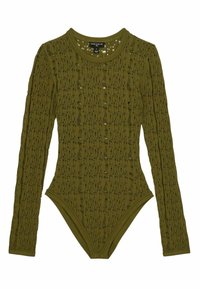 Olíva zöld hosszú ujjú bodysuit, textúrált nyitott kötésű mintával, kerek nyakkivágással és alakot követő szabással.