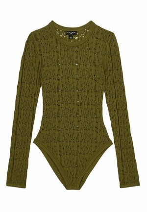 Olíva zöld hosszú ujjú bodysuit, textúrált nyitott kötésű mintával, kerek nyakkivágással és alakot követő szabással.