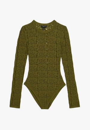 Olíva zöld hosszú ujjú bodysuit, textúrált nyitott kötésű mintával, kerek nyakkivágással és alakot követő szabással.