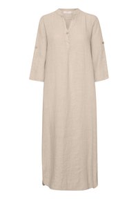 Light beige linen dress with a stand-up collar, three-quarter sleeves, front button closure, and a relaxed fit. Smooth texture and long length.
