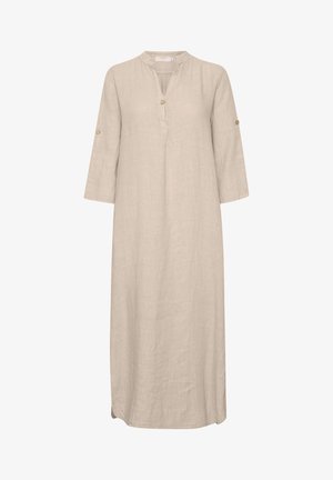 Gaišbeigā linu kleita ar stāvo apkakli, trīs ceturtdaļu piedurknēm, priekšējo pogu aizdarījumu un brīvu piegriezumu. Gluda tekstūra un garš garums.