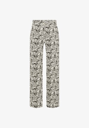 Witte wijde broek met zwart abstract bladpatroon en voorzakken, plat uitgestald tegen een witte achtergrond.