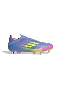 Football boot in blue, pink, and yellow gradient. Features a sleek design with textured upper and conical studs for traction.