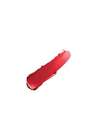 Échantillon d'un produit à lèvres rouge avec une texture lisse et crémeuse, mettant en valeur une finition brillante et une teinte vibrante sur un fond blanc.