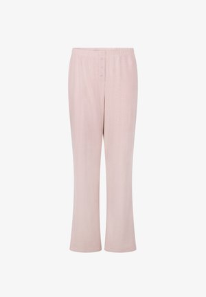 Helle rosa Hose mit lockerer Passform, ausgestattet mit einem elastischen Bund und drei Knopf-Akzenten an der Vorderseite, hergestellt aus einem weichen, strukturierten Material.