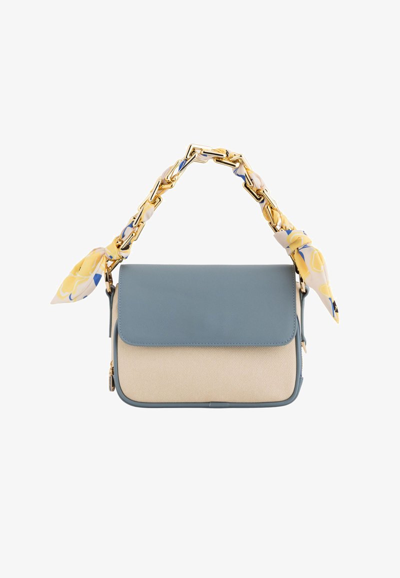 Blue faux leather handbag with a beige fabric body. Features a gold chain strap adorned with a yellow floral scarf accent. Rectangular shape.