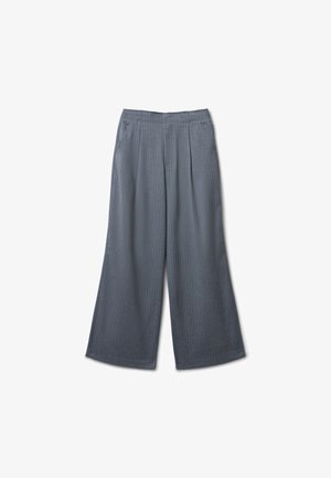 Graue weite Hosen aus strukturiertem Stoff, mit vertikalen Streifen und einem gefältelten Vorderdesign sowie einem elastischen Bund.