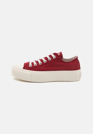 Niskie czerwone sneakersy z płótna z białą grubą gumową podeszwą i białymi sznurowadłami, widziane z boku na białym tle.