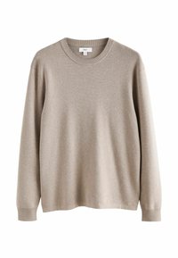 Beżowy sweter z długim rękawem, wykonany z miękkiego materiału, z okrągłym dekoltem i ściągaczami, w luźnym kroju i gładkiej fakturze.