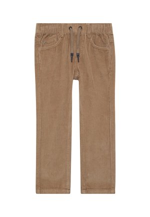 Brown corduroy pants with a drawstring waist, featuring front pockets and a textured ribbed pattern. Straight-leg design, no embellishments.