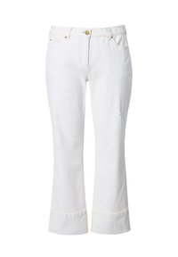 Pantalones de mezclilla blancos con un corte recto, cintura elástica, acentos desgastados y dobladillos remangados. Presenta detalles en dorado y bolsillos laterales.