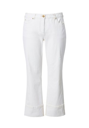 Weiße Jeanshose mit geradem Schnitt, elastischem Bund, distressed Elementen und umgeschlagenen Säumen. Mit goldenen Akzenten und seitlichen Taschen.