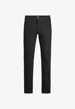 Fekete farmernadrág egyenes fazonnal, öt zsebes kialakítással, fém gombzárral és finom varrási részletekkel. Simább, tartós textúra.