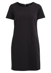 Svart kortärmad klänning med rund halsringning, dragkedja bak, normal passform och mjukt, elastiskt tyg.