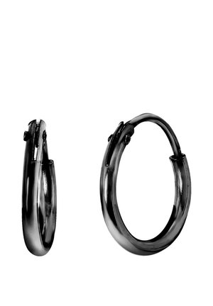 Boucles d'oreilles cerceau en métal noir brillant avec fermoir à charnière, vues de face et de côté sur fond blanc.