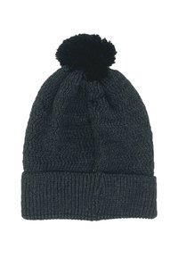 Gebreide beanie in donkergrijs met een gestructureerd patroon en een zwarte pompon bovenop; heeft een geribbelde boord voor een strakke pasvorm.