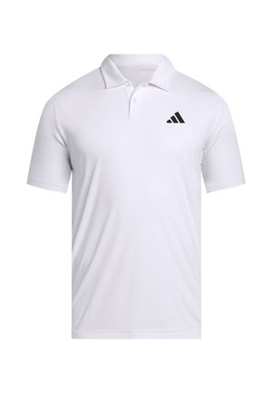 Polo bianco realizzato in tessuto traspirante con colletto, dotato di maniche corte e un logo Adidas nero sul lato sinistro del petto.