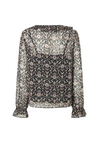 Blusa nera con motivo floreale, maniche lunghe in tessuto trasparente, polsini arricciati e scollatura rotonda, caratterizzata da intricati disegni multicolore.