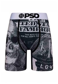 Boxeri negri, cu un grafic cu oase, design cu bancnote și talie albă cu logo-ul "PSD". Fabrică dintr-un material elastic pentru confort.