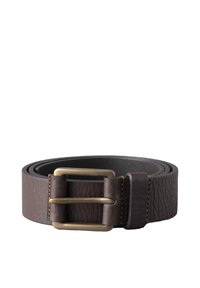 Brown leather belt with a textured finish, featuring a double pin brass buckle and stitched accents along the edges.
