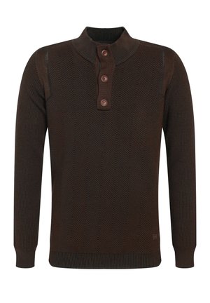 Dunkelbrauner Langarmpullover mit einem gerippten Stehkragen und drei Knöpfen an der Knopfleiste, der ein dezentes Zickzack-Strickmuster aufweist.