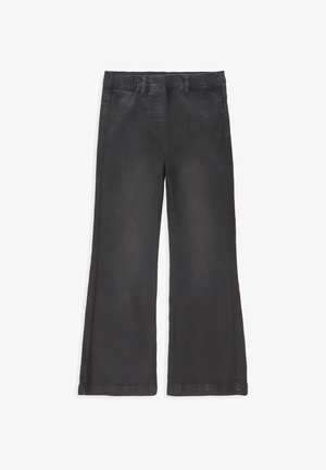 Czarne dżinsowe spodnie o szerokich nogawkach z elastycznym paskiem w talii, posiadające kieszenie z przodu oraz gładką teksturę, wyeksponowane na płasko.