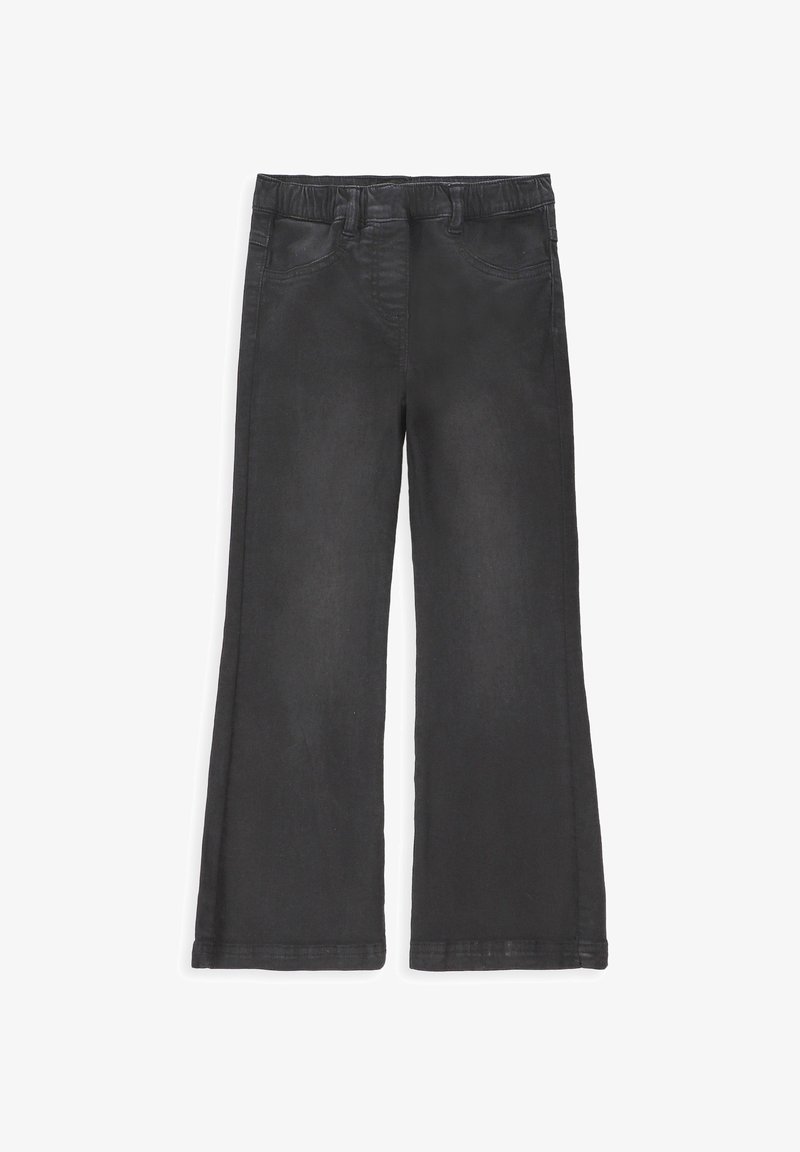 Czarne dżinsowe spodnie o szerokich nogawkach z elastycznym paskiem w talii, posiadające kieszenie z przodu oraz gładką teksturę, wyeksponowane na płasko.