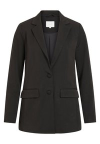 Blazer noir en tissu lisse, doté d'un col cranté, de deux poches avant, de deux boutons et d'une coupe ajustée.