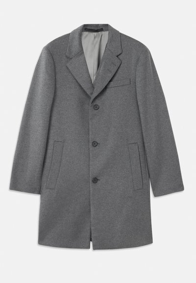 Pelēks vilnas mēteli ar izgriezumu apkakli, vienpusēju priekšpusi, pieciem pogām, divām sānu kabatām un krūšu kabatu. Gluda tekstūra un pielāgots piegriezums.