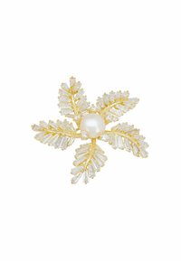 Gold brooch shaped like a flower with a central pearl, adorned with clear, angular crystals arranged in leaf patterns.