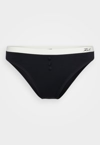 Black bikini bottom with a textured fabric, featuring a white elastic waistband and three decorative buttons at the front.