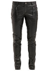 Černé kožené kalhoty s úzkým střihem, s kapsami na zip a strukturovaným povrchem. Hladký povrch s moderním designem.