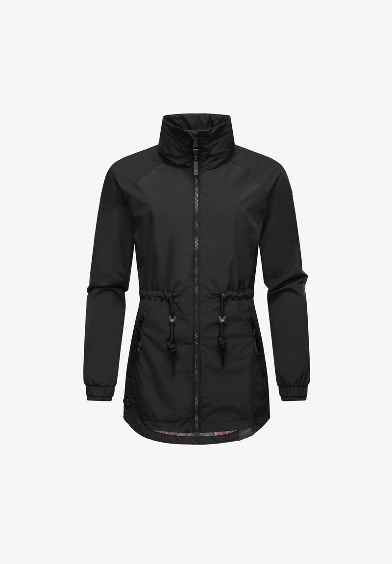 Svart lättviktsjacka med dragkedja fram, hög krage, dragsko i midjan och elastiska ärmmuddar. Har sidofickor och ett mönstrat foder.