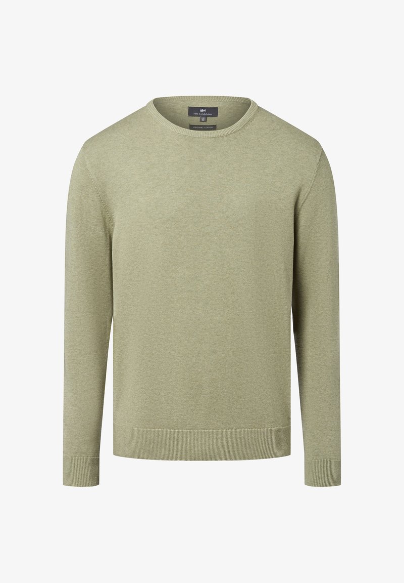 Hellgrüner Pullover mit rundem Halsausschnitt und langen Ärmeln, mit gerippten Bündchen und Saum, gekennzeichnet als aus biologischer Baumwolle gefertigt.