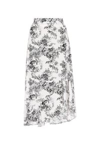 Fustă maxi cu imprimeu floral alb-negru, cu o siluetă fluidă, realizată dintr-un material ușor, având un tiv asimetric.