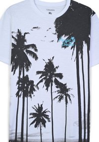 T-shirt bianco con grafica nera di una palma. Presenta il testo "Pacific Dreams" in blu. Maniche corte, collo rotondo, tessuto leggero.