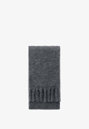 Grau wollener Schal mit weicher Textur, der ein flaches Design und fransige Kanten für zusätzlichen Detailreichtum aufweist. Hat eine rechteckige Form.