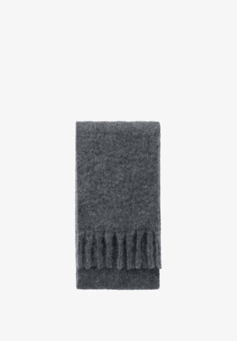 Grau wollener Schal mit weicher Textur, der ein flaches Design und fransige Kanten für zusätzlichen Detailreichtum aufweist. Hat eine rechteckige Form.