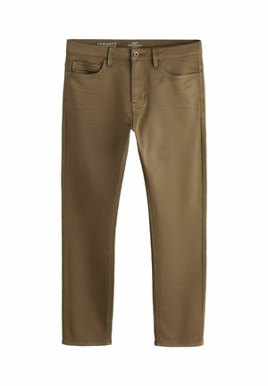 Braune Slim-Fit-Herrenhose mit Vordertaschen und Gürtelschlaufen, mit Knopf- und Reißverschluss.